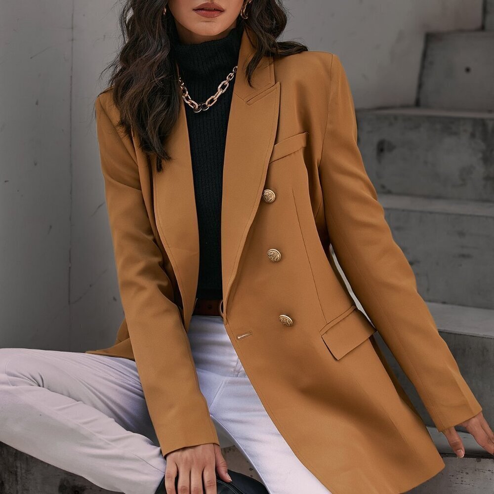 Khaki Elegant Women's Double Breasted Flap Detail Blazer Workwear